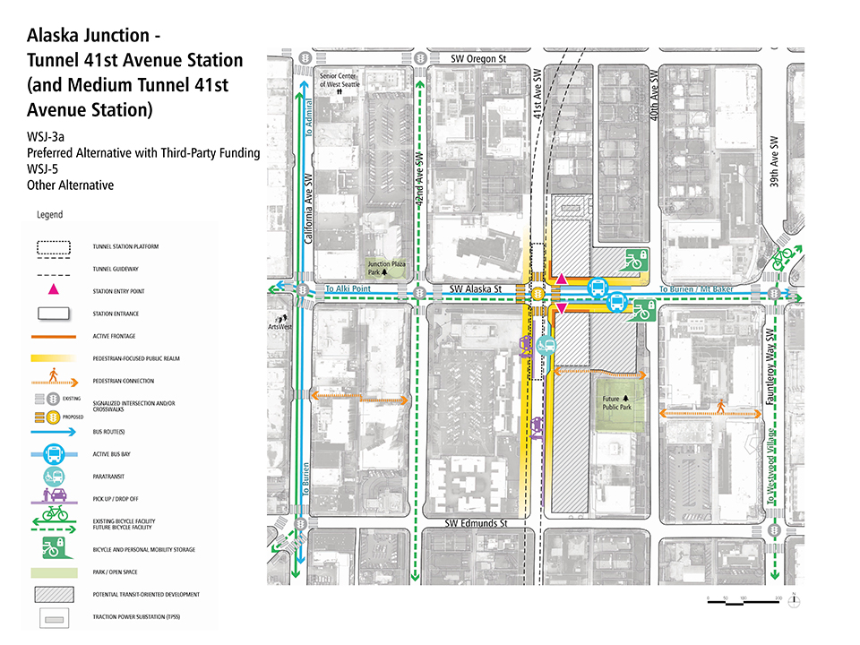 A map that describes how pedestrians, bus riders, bicyclists, and drivers could access the Alaska Junction - Tunnel Forty-First Avenue Station (and Medium Tunnel Forty-First Avenue Station) Alternative.
